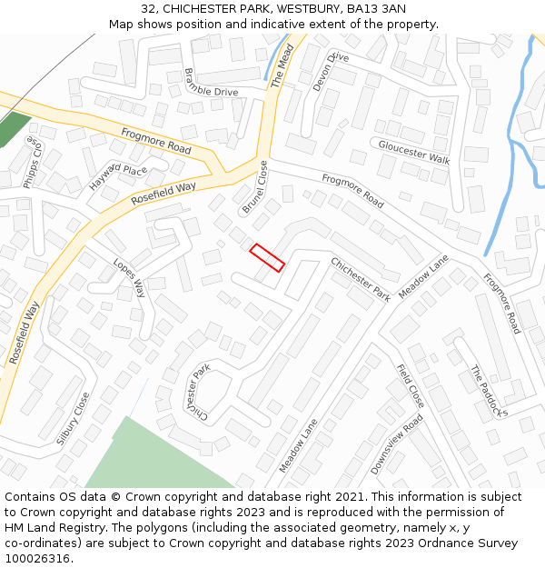 32, CHICHESTER PARK, WESTBURY, BA13 3AN: Location map and indicative extent of plot