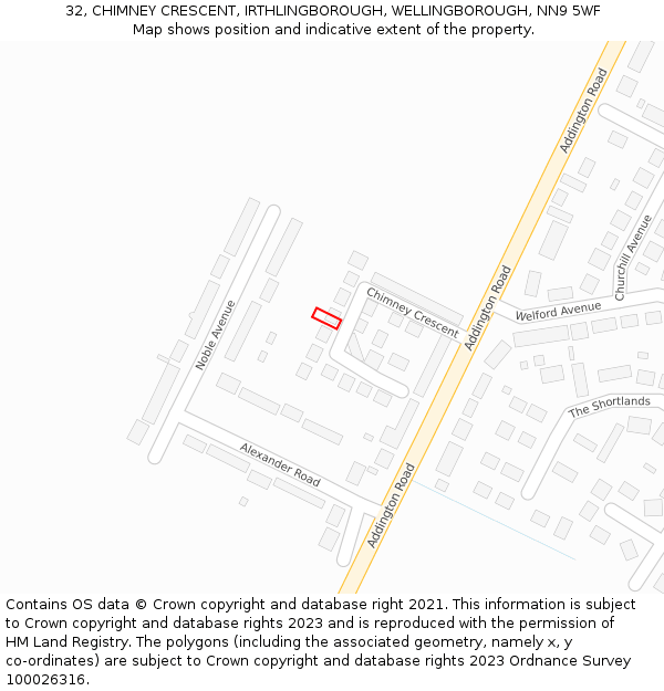 32, CHIMNEY CRESCENT, IRTHLINGBOROUGH, WELLINGBOROUGH, NN9 5WF: Location map and indicative extent of plot