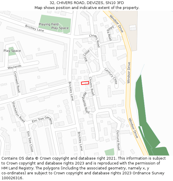32, CHIVERS ROAD, DEVIZES, SN10 3FD: Location map and indicative extent of plot