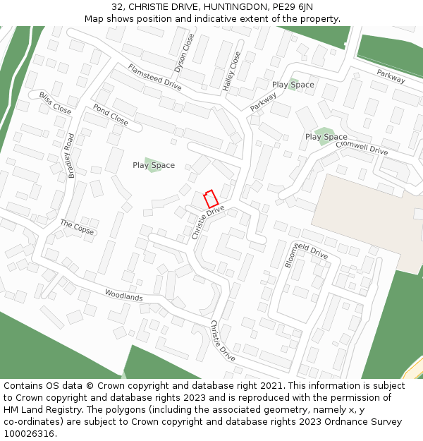 32, CHRISTIE DRIVE, HUNTINGDON, PE29 6JN: Location map and indicative extent of plot