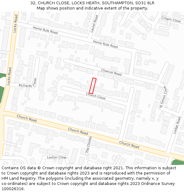 32, CHURCH CLOSE, LOCKS HEATH, SOUTHAMPTON, SO31 6LR: Location map and indicative extent of plot