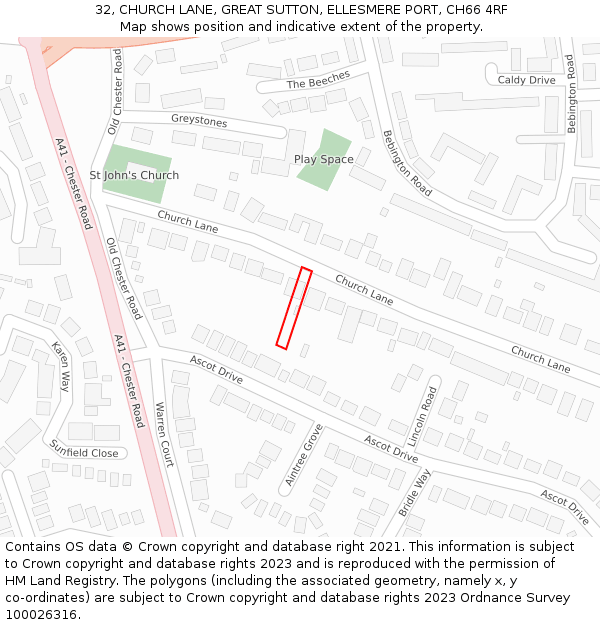 32, CHURCH LANE, GREAT SUTTON, ELLESMERE PORT, CH66 4RF: Location map and indicative extent of plot