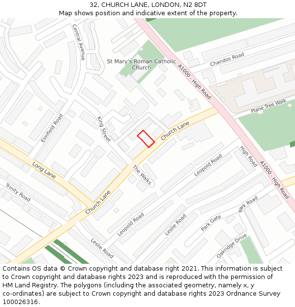 32, CHURCH LANE, LONDON, N2 8DT: Location map and indicative extent of plot