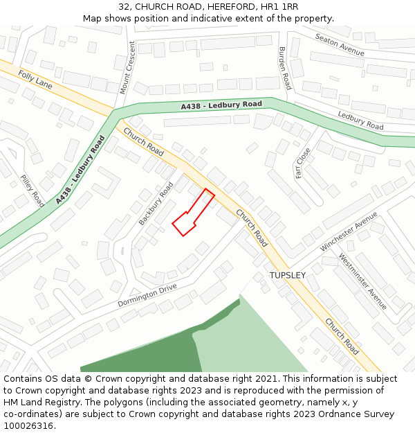 32, CHURCH ROAD, HEREFORD, HR1 1RR: Location map and indicative extent of plot