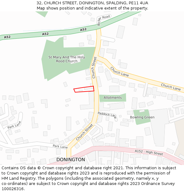 32, CHURCH STREET, DONINGTON, SPALDING, PE11 4UA: Location map and indicative extent of plot