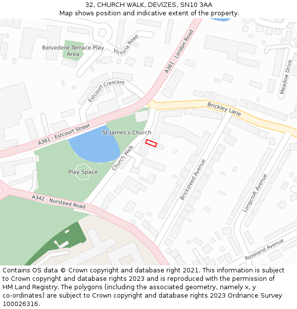 32, CHURCH WALK, DEVIZES, SN10 3AA: Location map and indicative extent of plot
