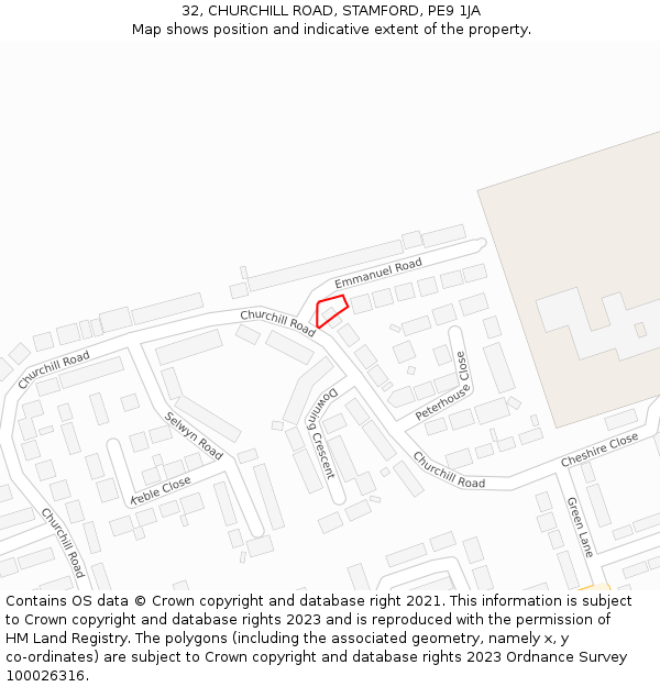 32, CHURCHILL ROAD, STAMFORD, PE9 1JA: Location map and indicative extent of plot