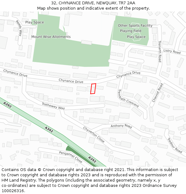 32, CHYNANCE DRIVE, NEWQUAY, TR7 2AA: Location map and indicative extent of plot