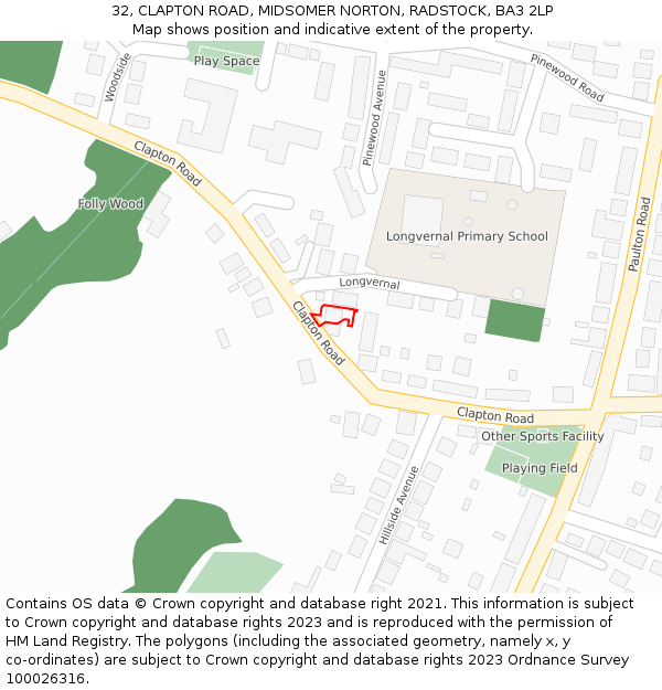 32, CLAPTON ROAD, MIDSOMER NORTON, RADSTOCK, BA3 2LP: Location map and indicative extent of plot