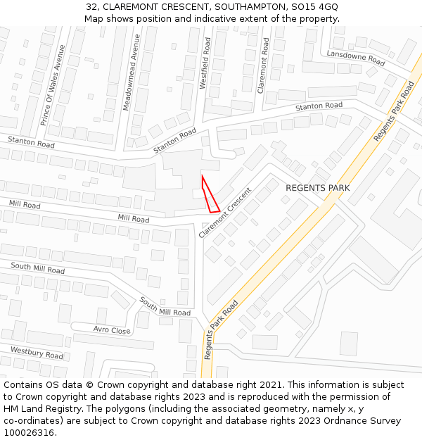 32, CLAREMONT CRESCENT, SOUTHAMPTON, SO15 4GQ: Location map and indicative extent of plot