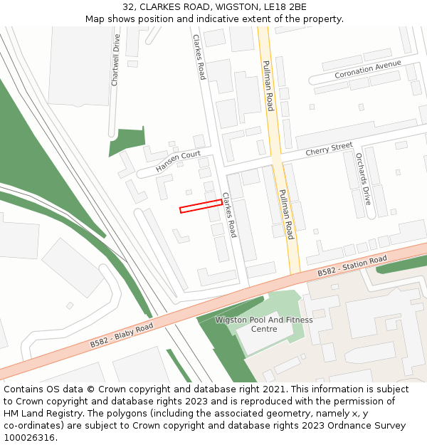32, CLARKES ROAD, WIGSTON, LE18 2BE: Location map and indicative extent of plot