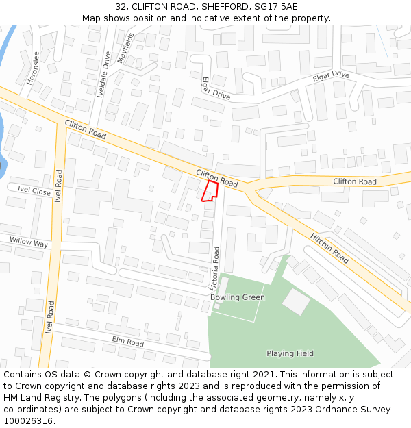 32, CLIFTON ROAD, SHEFFORD, SG17 5AE: Location map and indicative extent of plot