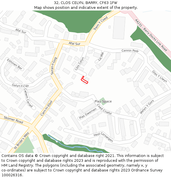 32, CLOS CELYN, BARRY, CF63 1FW: Location map and indicative extent of plot