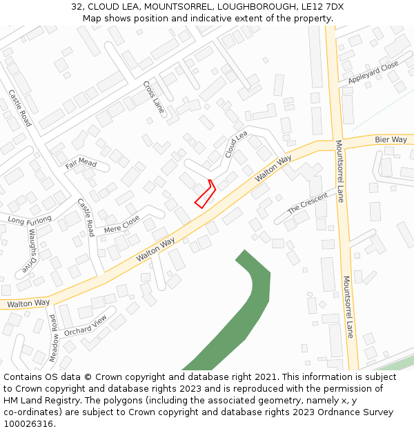 32, CLOUD LEA, MOUNTSORREL, LOUGHBOROUGH, LE12 7DX: Location map and indicative extent of plot