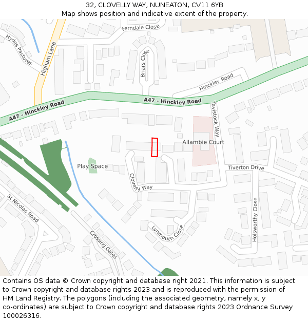32, CLOVELLY WAY, NUNEATON, CV11 6YB: Location map and indicative extent of plot
