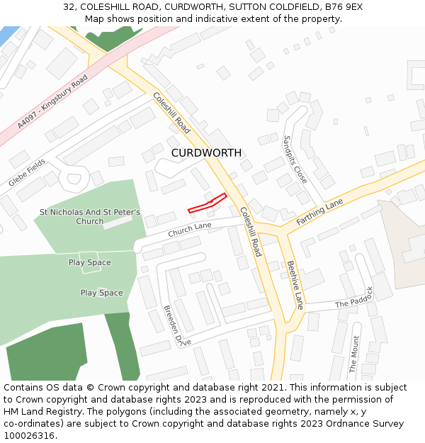 32, COLESHILL ROAD, CURDWORTH, SUTTON COLDFIELD, B76 9EX: Location map and indicative extent of plot