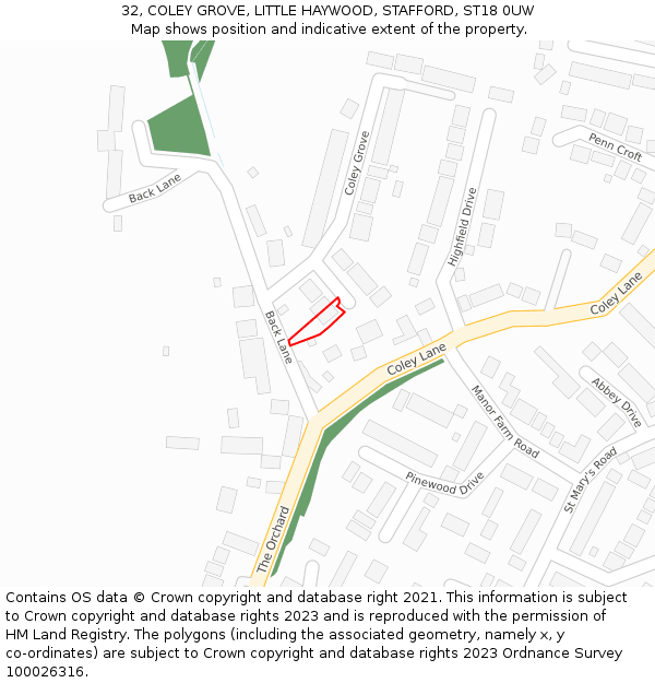 32, COLEY GROVE, LITTLE HAYWOOD, STAFFORD, ST18 0UW: Location map and indicative extent of plot