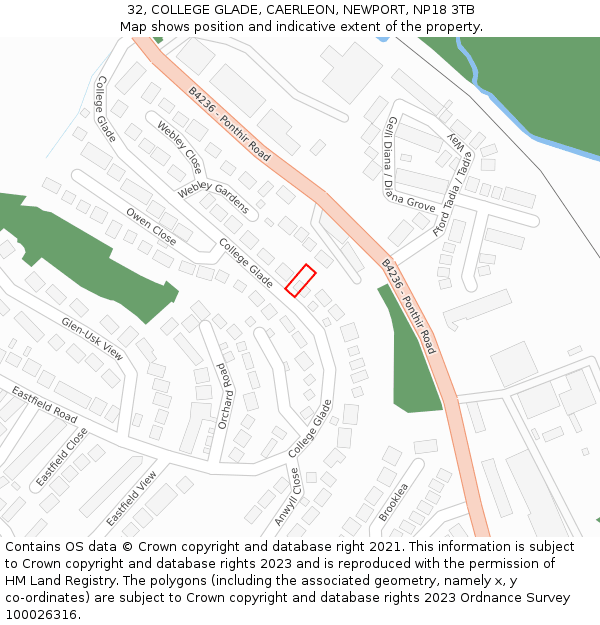 32, COLLEGE GLADE, CAERLEON, NEWPORT, NP18 3TB: Location map and indicative extent of plot