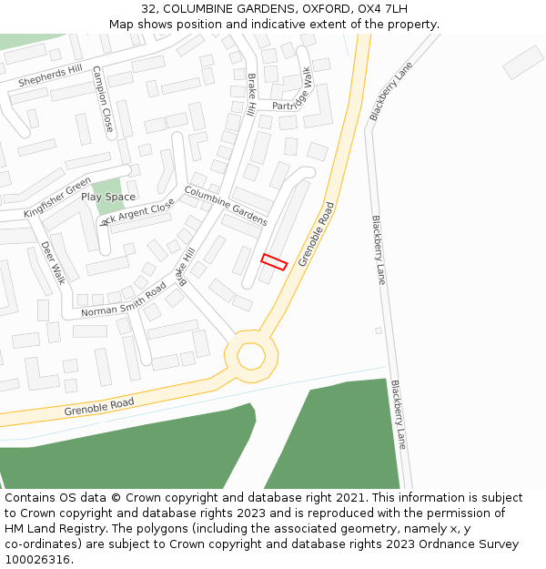 32, COLUMBINE GARDENS, OXFORD, OX4 7LH: Location map and indicative extent of plot