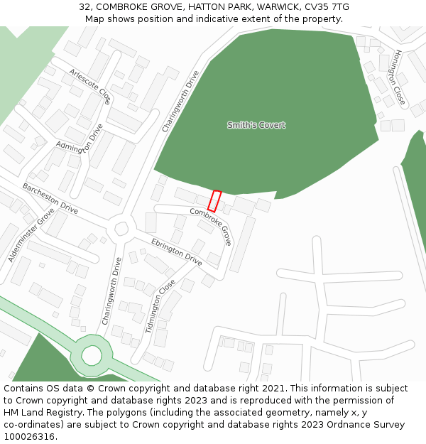 32, COMBROKE GROVE, HATTON PARK, WARWICK, CV35 7TG: Location map and indicative extent of plot