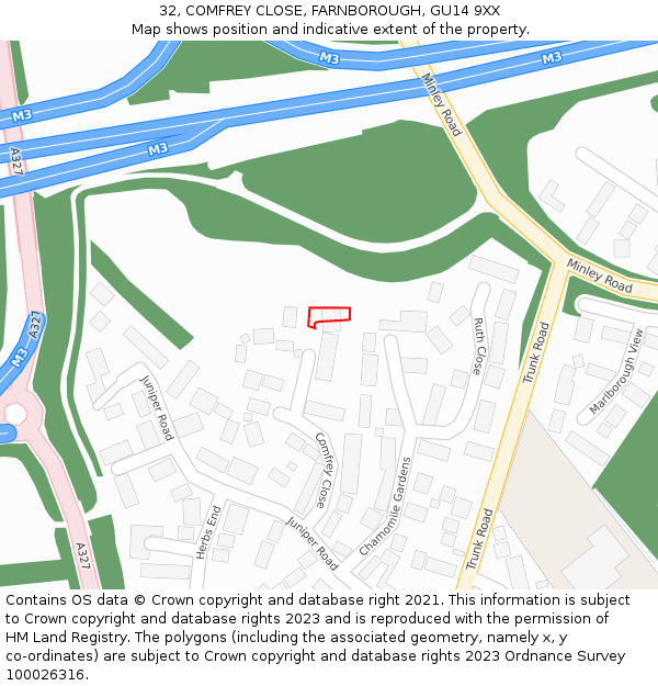 32, COMFREY CLOSE, FARNBOROUGH, GU14 9XX: Location map and indicative extent of plot