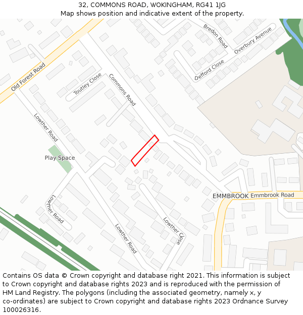 32, COMMONS ROAD, WOKINGHAM, RG41 1JG: Location map and indicative extent of plot