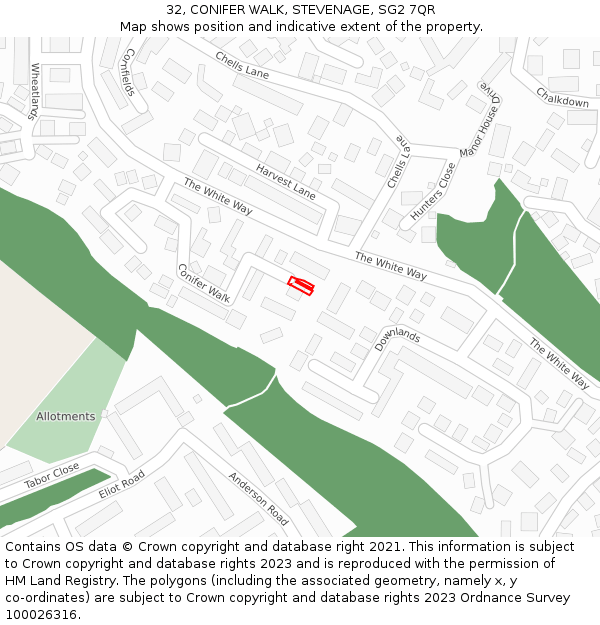 32, CONIFER WALK, STEVENAGE, SG2 7QR: Location map and indicative extent of plot