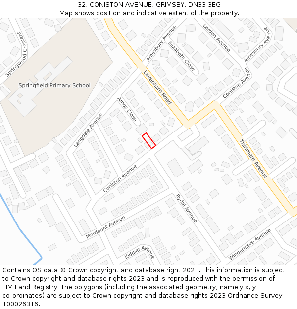 32, CONISTON AVENUE, GRIMSBY, DN33 3EG: Location map and indicative extent of plot