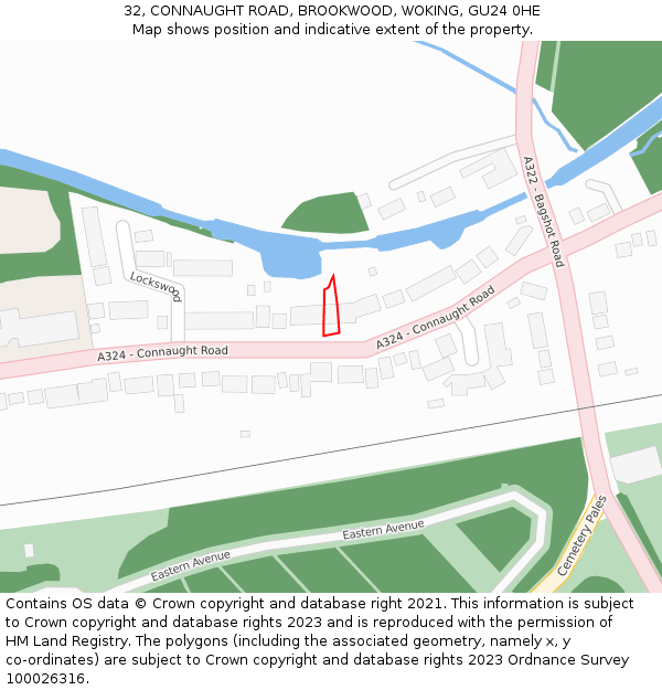 32, CONNAUGHT ROAD, BROOKWOOD, WOKING, GU24 0HE: Location map and indicative extent of plot