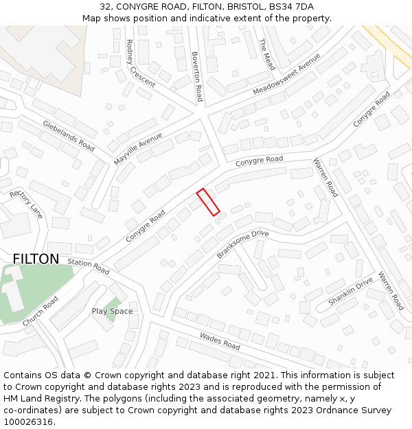 32, CONYGRE ROAD, FILTON, BRISTOL, BS34 7DA: Location map and indicative extent of plot