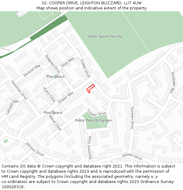 32, COOPER DRIVE, LEIGHTON BUZZARD, LU7 4UW: Location map and indicative extent of plot