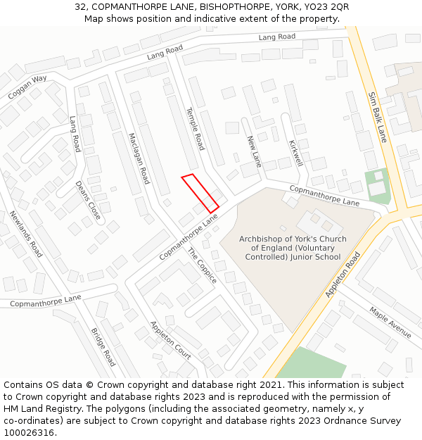 32, COPMANTHORPE LANE, BISHOPTHORPE, YORK, YO23 2QR: Location map and indicative extent of plot