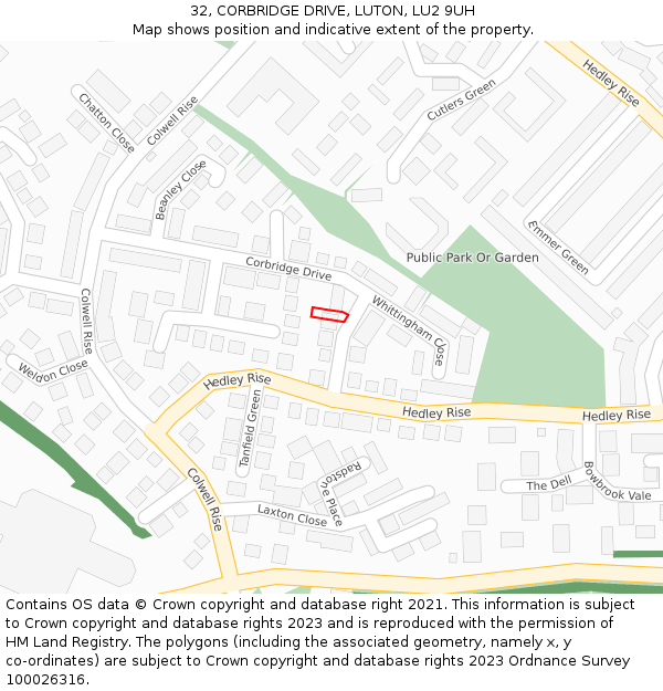 32, CORBRIDGE DRIVE, LUTON, LU2 9UH: Location map and indicative extent of plot