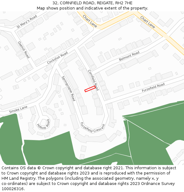 32, CORNFIELD ROAD, REIGATE, RH2 7HE: Location map and indicative extent of plot