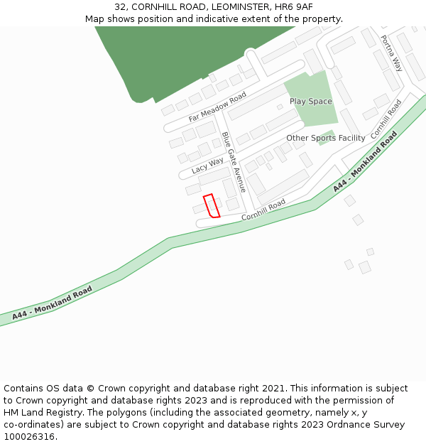 32, CORNHILL ROAD, LEOMINSTER, HR6 9AF: Location map and indicative extent of plot