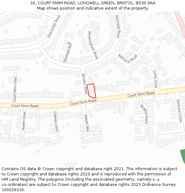 32, COURT FARM ROAD, LONGWELL GREEN, BRISTOL, BS30 9AA: Location map and indicative extent of plot