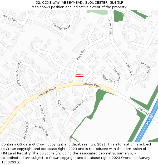 32, COXS WAY, ABBEYMEAD, GLOUCESTER, GL4 5LF: Location map and indicative extent of plot