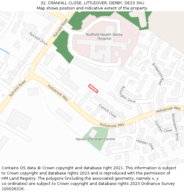 32, CRANHILL CLOSE, LITTLEOVER, DERBY, DE23 3XU: Location map and indicative extent of plot