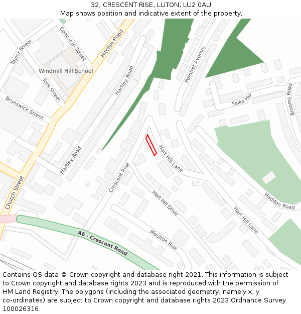 32, CRESCENT RISE, LUTON, LU2 0AU: Location map and indicative extent of plot