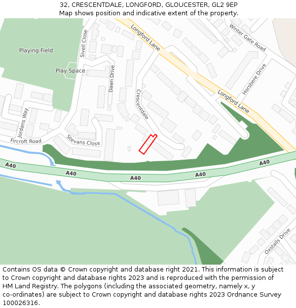 32, CRESCENTDALE, LONGFORD, GLOUCESTER, GL2 9EP: Location map and indicative extent of plot