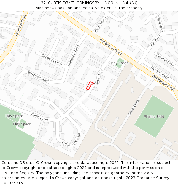 32, CURTIS DRIVE, CONINGSBY, LINCOLN, LN4 4NQ: Location map and indicative extent of plot