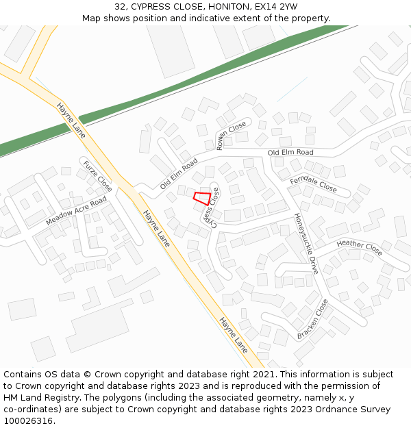 32, CYPRESS CLOSE, HONITON, EX14 2YW: Location map and indicative extent of plot