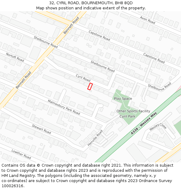 32, CYRIL ROAD, BOURNEMOUTH, BH8 8QD: Location map and indicative extent of plot