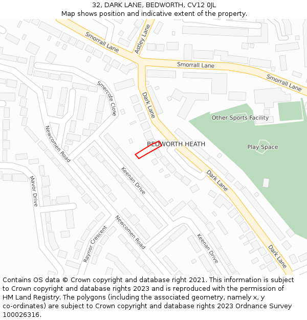 32, DARK LANE, BEDWORTH, CV12 0JL: Location map and indicative extent of plot