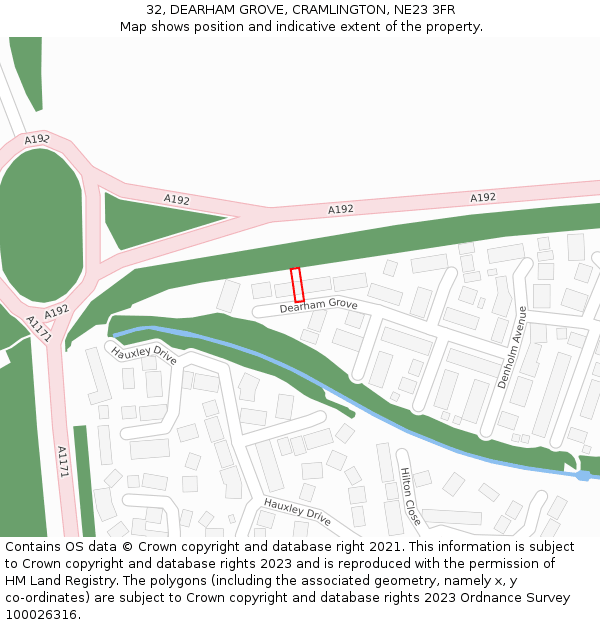 32, DEARHAM GROVE, CRAMLINGTON, NE23 3FR: Location map and indicative extent of plot