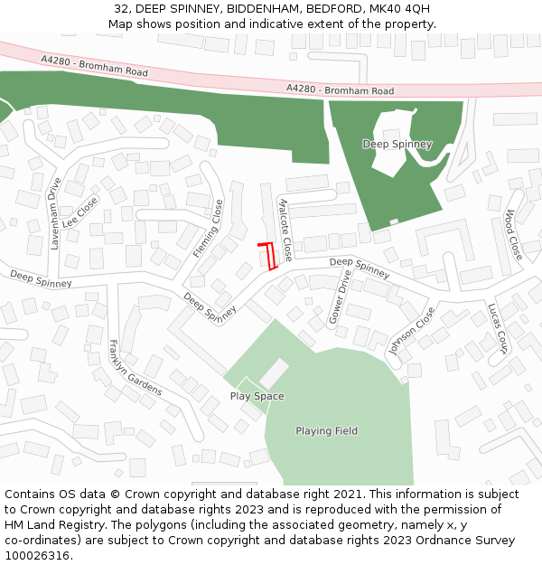 32, DEEP SPINNEY, BIDDENHAM, BEDFORD, MK40 4QH: Location map and indicative extent of plot