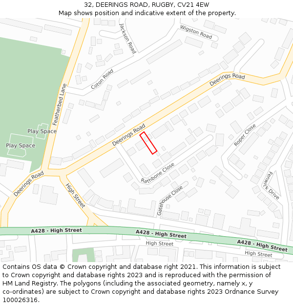 32, DEERINGS ROAD, RUGBY, CV21 4EW: Location map and indicative extent of plot