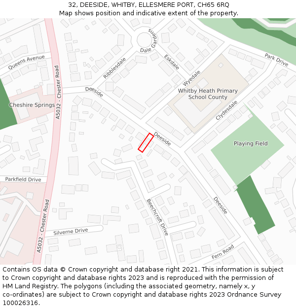 32, DEESIDE, WHITBY, ELLESMERE PORT, CH65 6RQ: Location map and indicative extent of plot