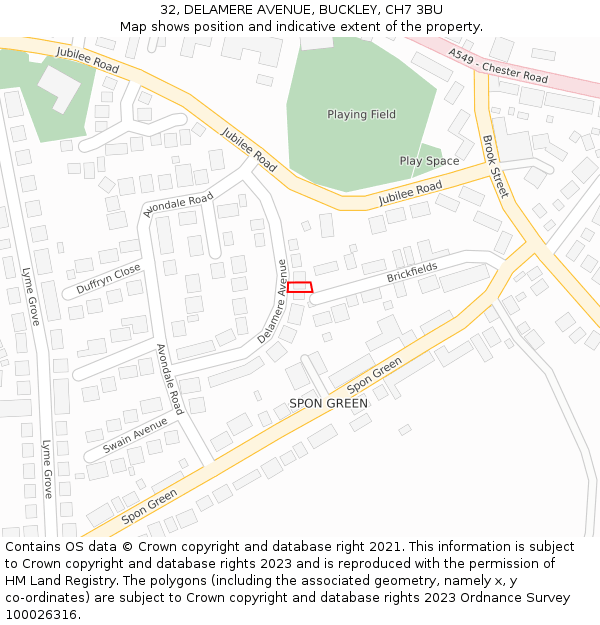 32, DELAMERE AVENUE, BUCKLEY, CH7 3BU: Location map and indicative extent of plot