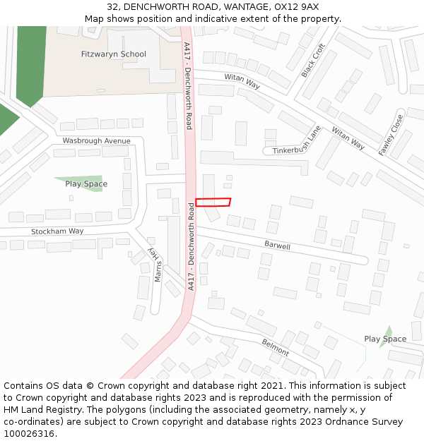 32, DENCHWORTH ROAD, WANTAGE, OX12 9AX: Location map and indicative extent of plot